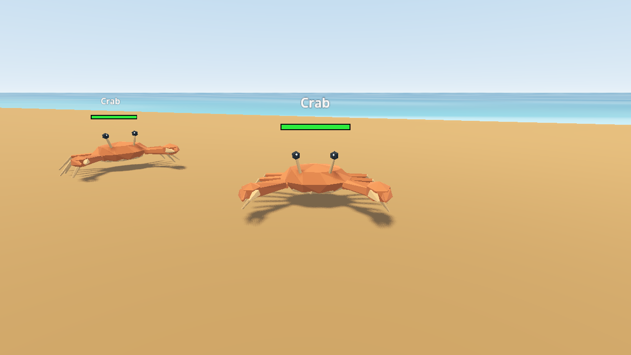 Two orange low-poly crabs on a broad sandy beach beside the ocean