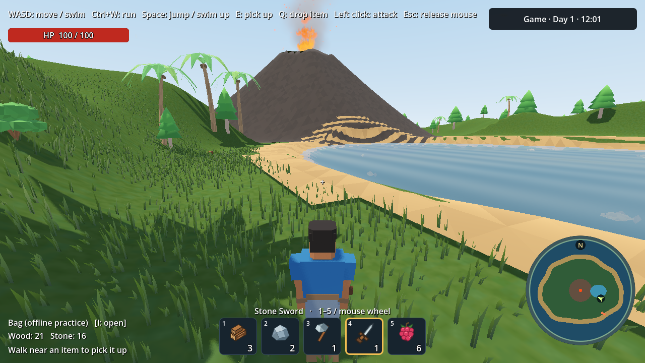 Third-person gameplay beside the lake and smoking volcano, with forests, palms, health and five hotbar slots