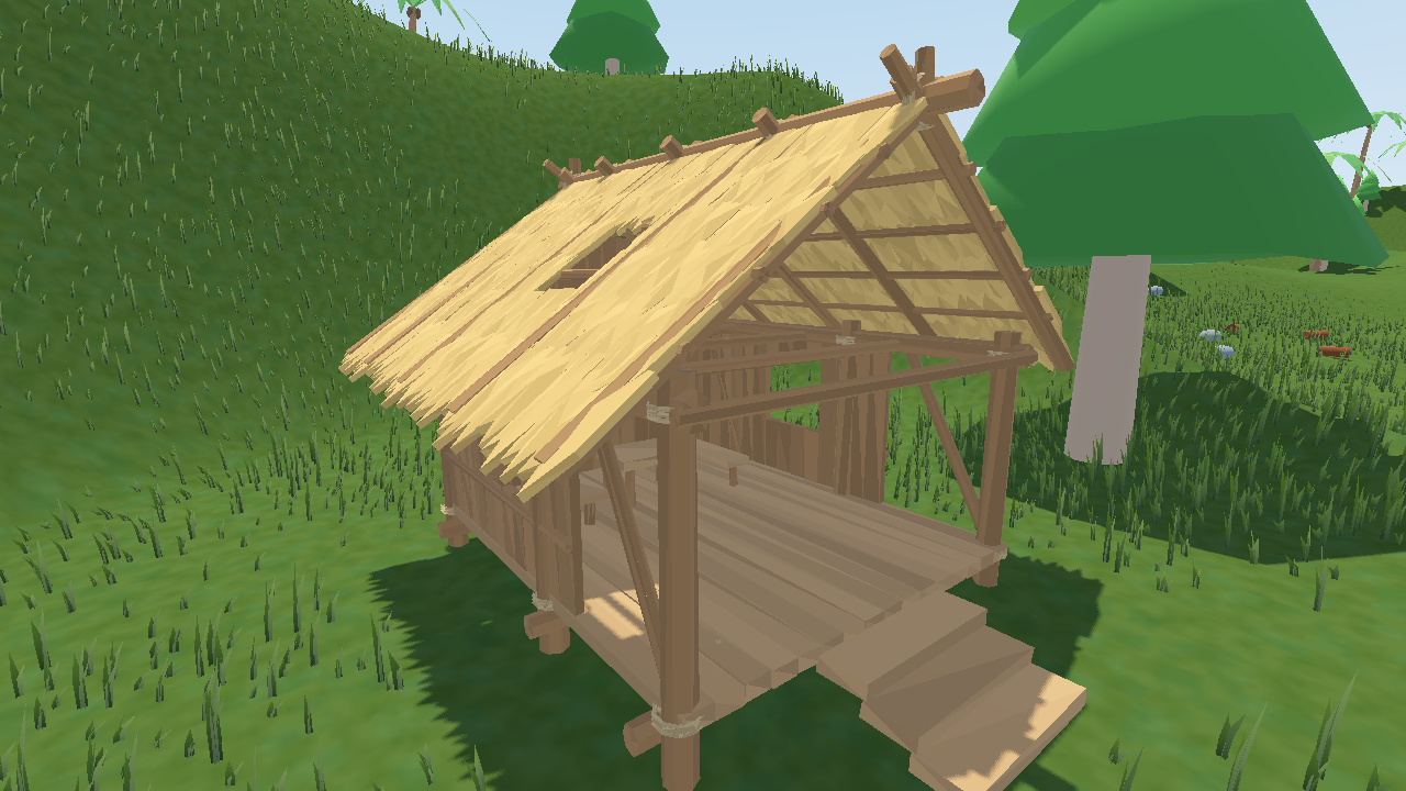 Timber and thatch hut with a raised floor and steps in the forest