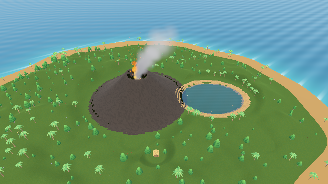 In-engine overview of the forested island, smoky central volcano and surrounding ocean